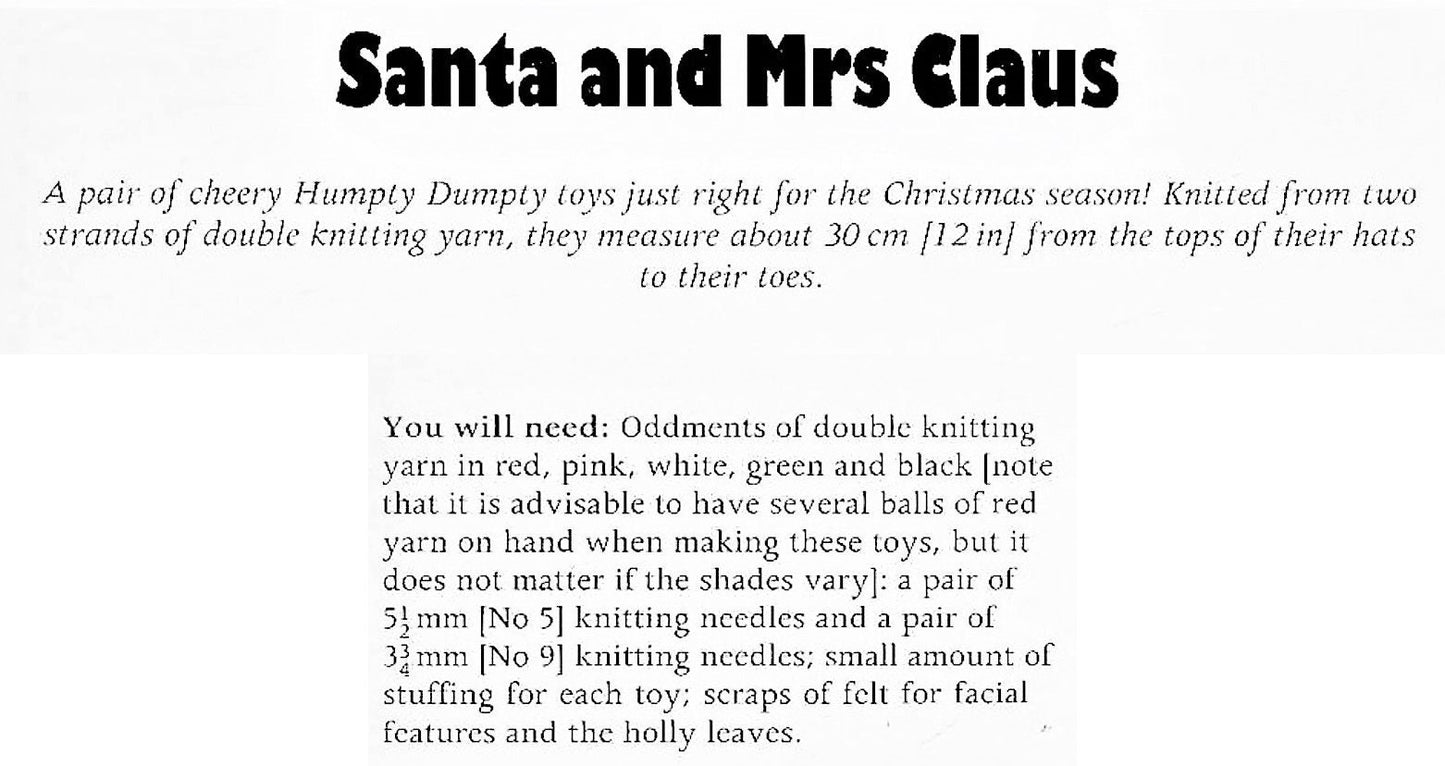 Vintage Christmas Knitting Pattern 12" Santa & Mrs Claus Humpty Dumpty Soft Toy Dolls PDF Instant Digital Download DK Yarn