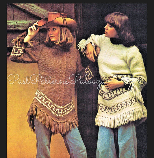 Vintage Knitting Pattern Womens Long Western Tunic Fringed Cowgirl Sweaters 2 Styles PDF Instant Digital Download 12 Ply