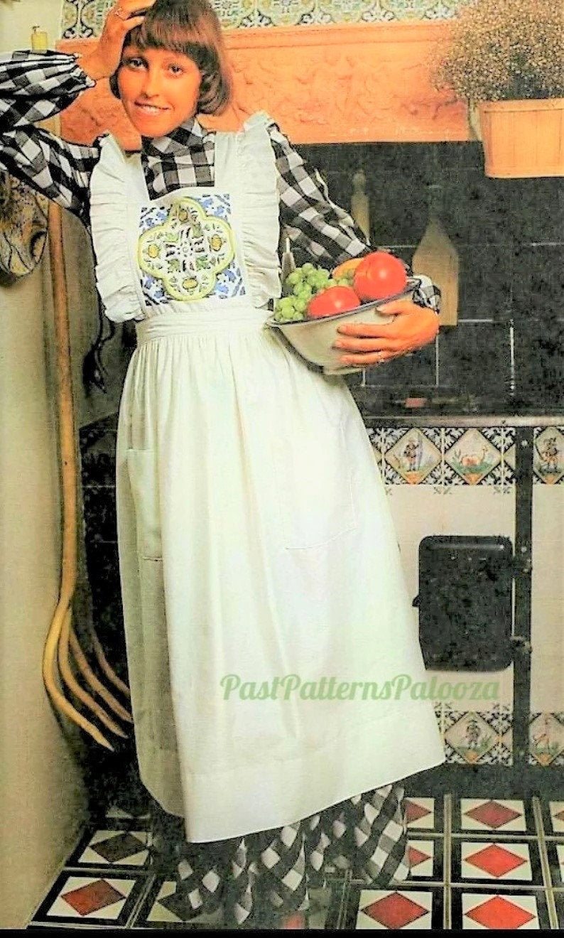 Vintage Sewing Pattern Womens Old Fashioned Long Pinafore Apron Embroidered Ruffle Bib PDF Instant Digital Download Retro Pioneer Woman O/S