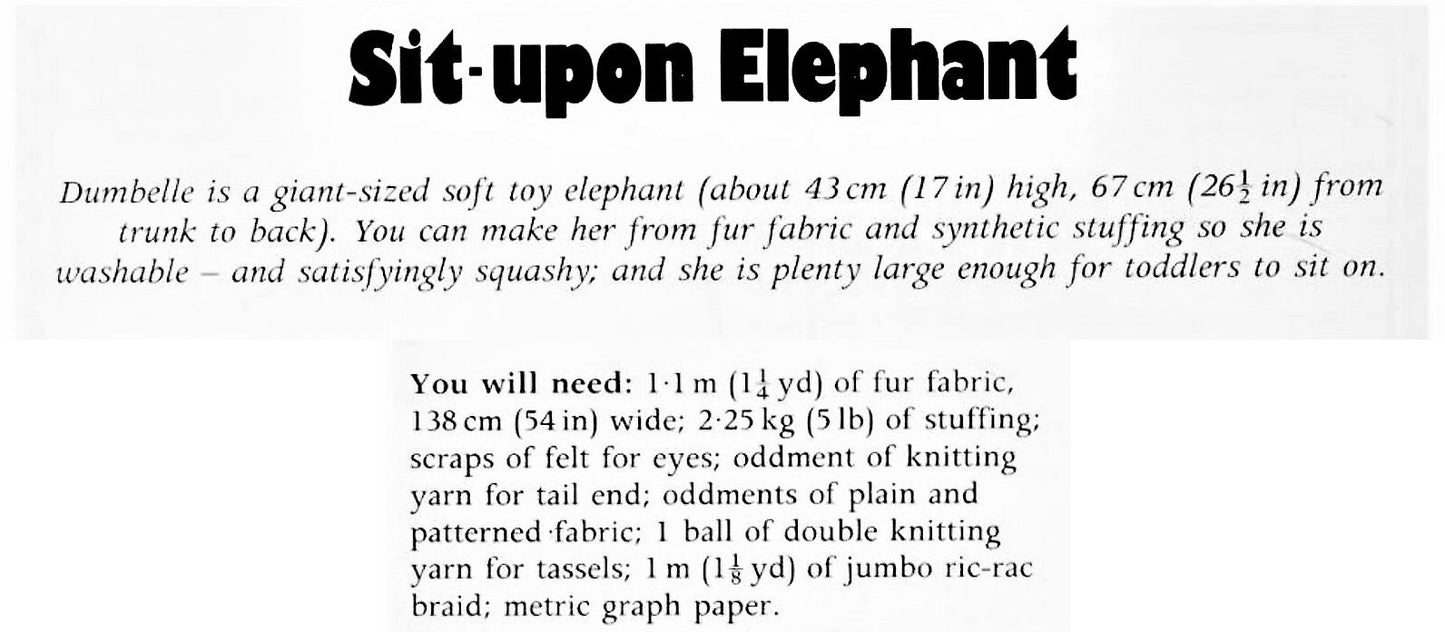 Vintage Sewing Pattern 17" Large Elephant Soft Toy Doll Plush Faux Fur Fabric PDF Instant Digital Download Sit Upon Stuffed Animal