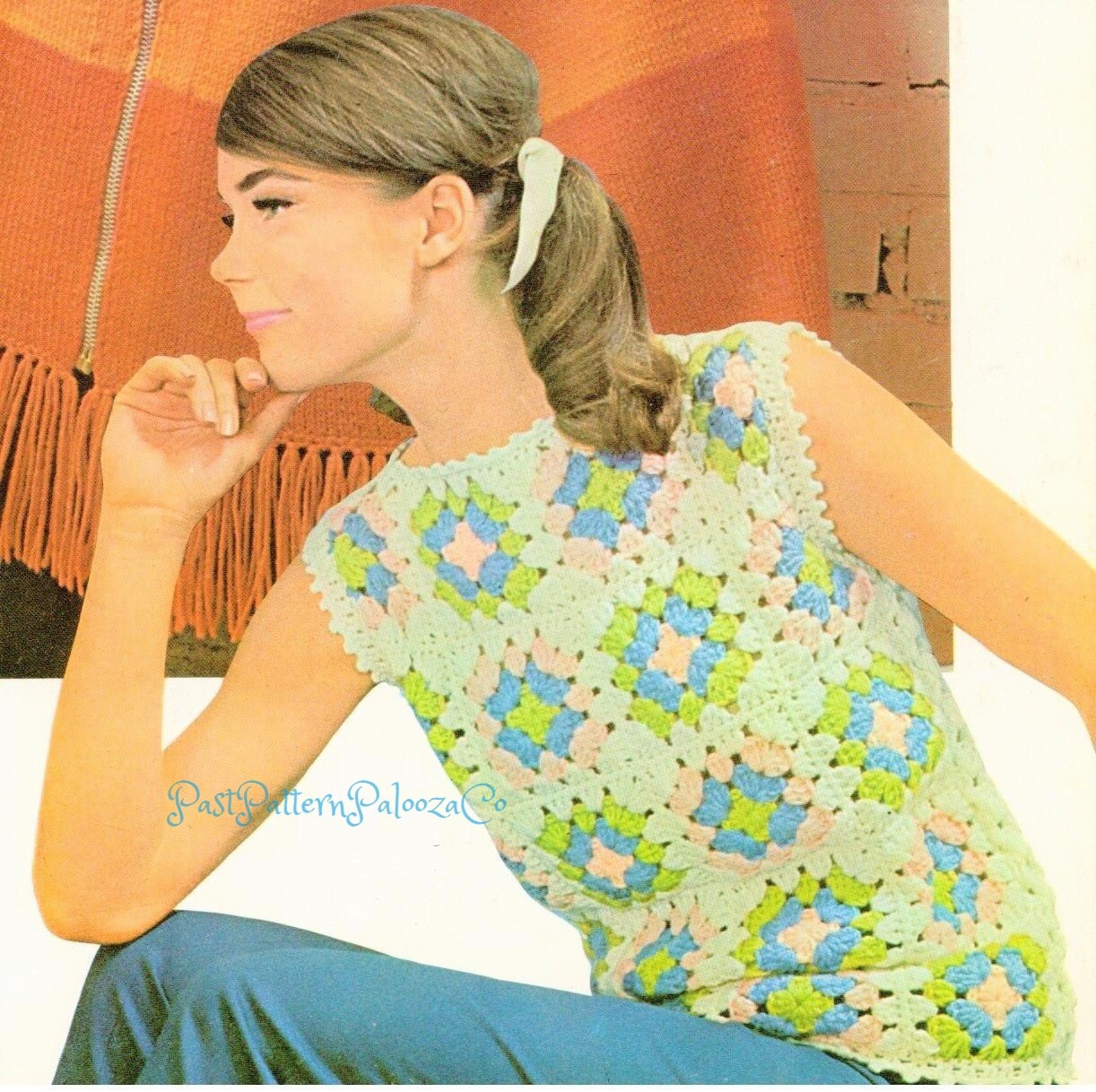 Vintage Crochet Pattern Womens Simple Shell Granny Square Sleeveless Top PDF Instant Digital Download Groovy Boho Scrap Yarn 10 Ply