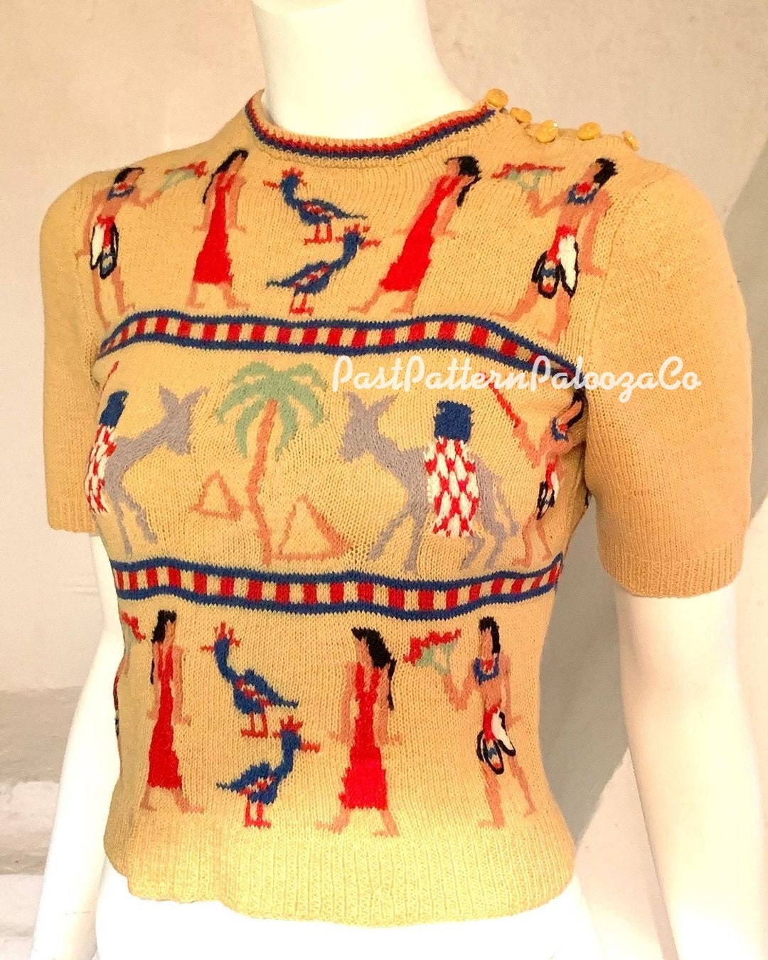 Vintage Knitting Pattern Womens Fair Isle Egyptian Sweater Jumper  PDF Instant Digital Download Pretty Egypt Motifs Pullover 3 Ply