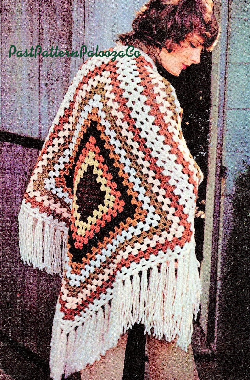 Vintage Crochet Pattern Womens Quick Easy Granny Square Poncho PDF Instant Digital Download Retro Boho 1970s Fringed Wrap Chunky 12 Ply
