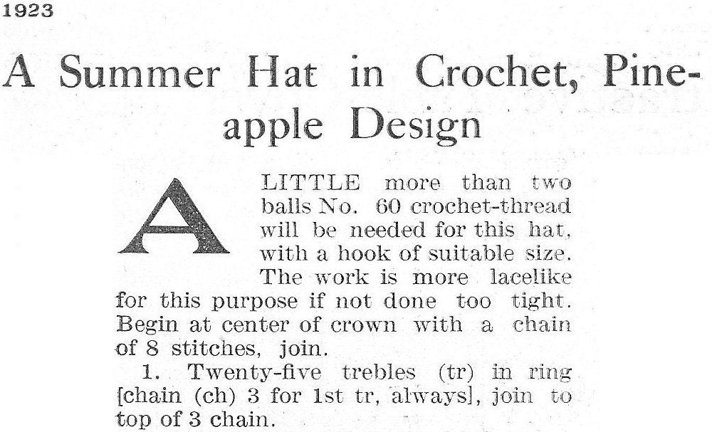Vintage Crochet Pattern Womens Summer Pineapple Lace Bucket Hat c. 1923 PDF Instant Digital Download Brimmed Beachy Sun Hat Cotton Thread