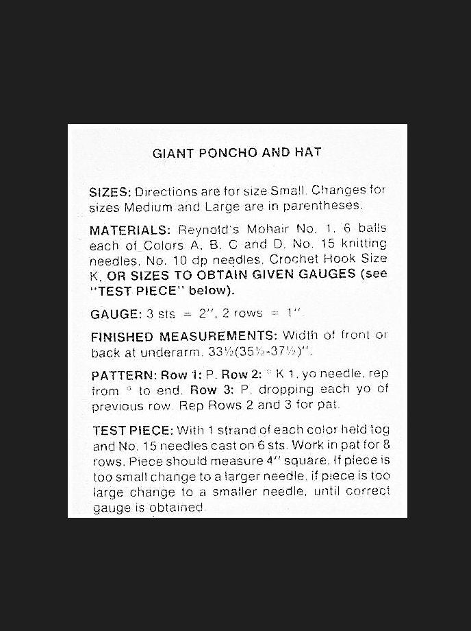 Vintage Knitting Pattern Womens Roomy Jumbo Stitch Poncho Sweater and Hat Set PDF Instant Digital Download Retro Boho Groovy Chic Mohair