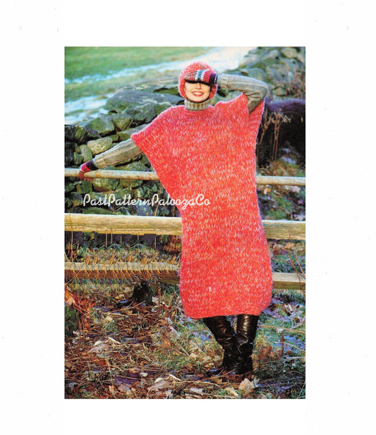 Vintage Knitting Pattern Womens Roomy Jumbo Stitch Poncho Sweater and Hat Set PDF Instant Digital Download Retro Boho Groovy Chic Mohair
