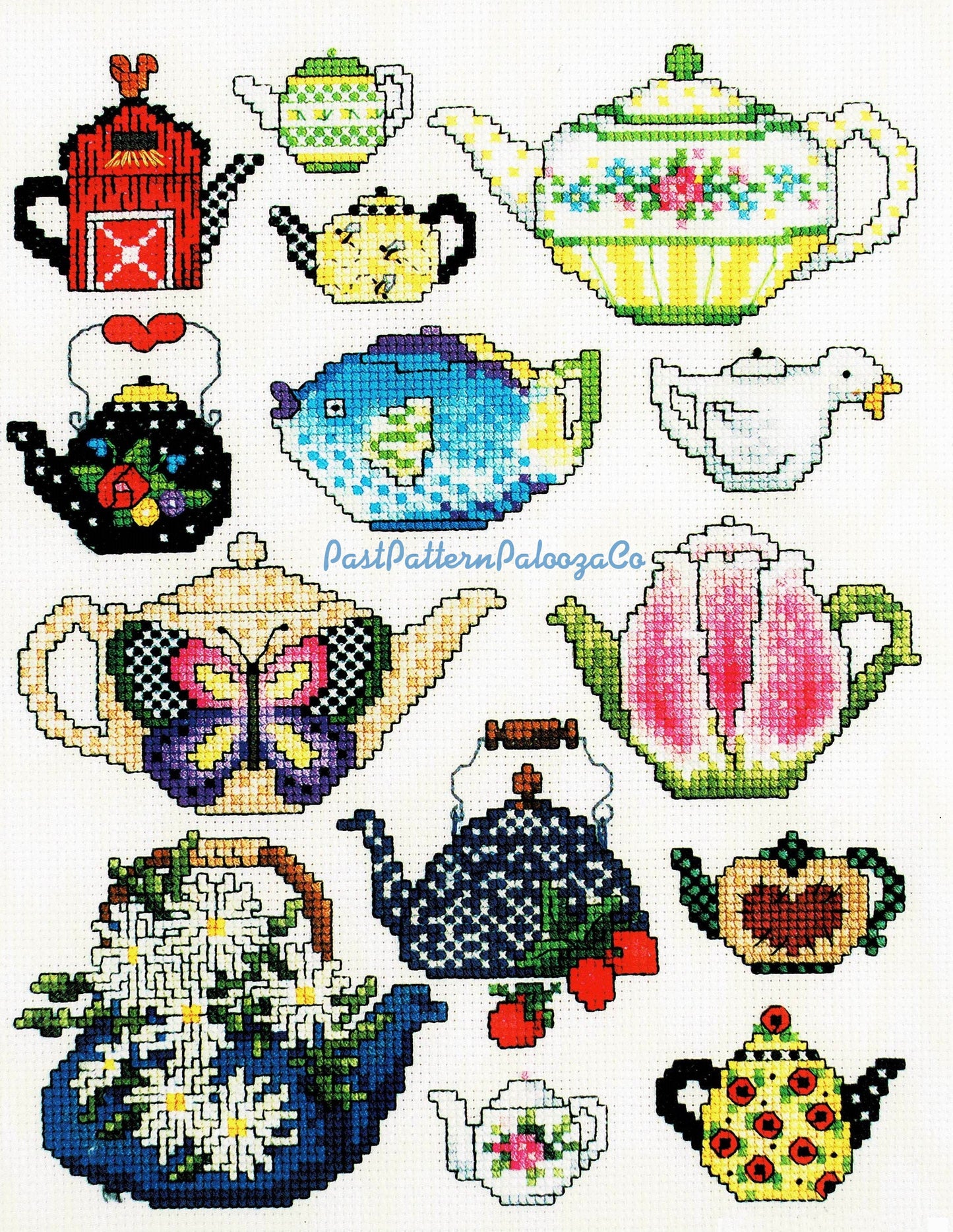 Vintage Cross Stitch Patterns Cute Teapots Tea Pot Motifs PDF Instant Digital Download Embroidery Lot of 25 Designs A1