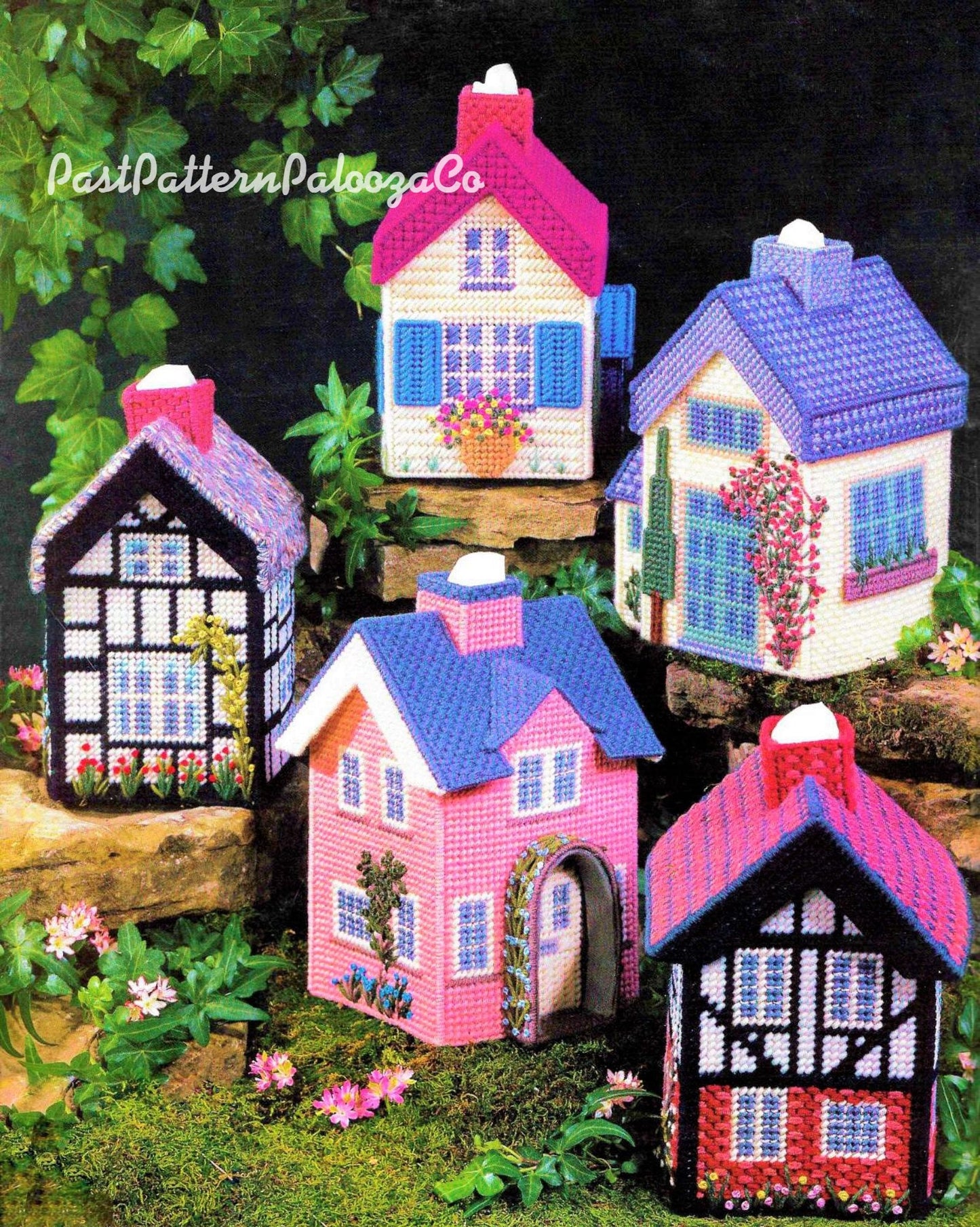 Vintage Plastic Canvas Patterns Cottage Houses Tissue Box Toppers English Tudor Village 5 Designs PDF Instant Digital Download