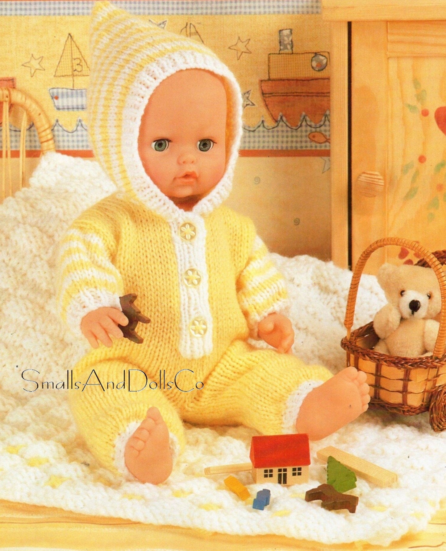 Vintage Knitting Pattern Baby Doll Clothes Hooded All In One Romper Blanket Set 12-14 15-18 19-22 Inch Dolls PDF Instant Digital Download DK