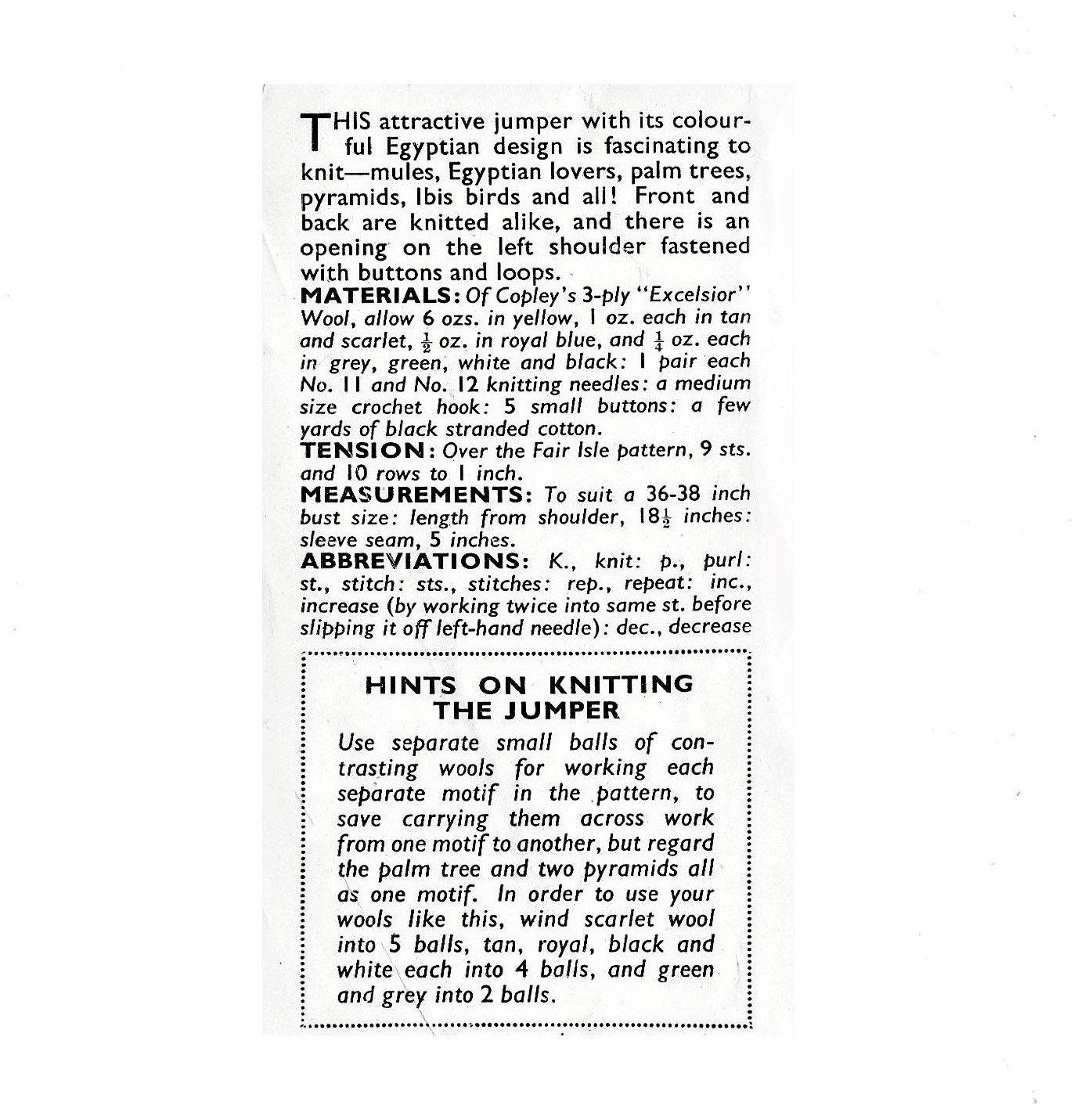 Vintage Knitting Pattern Womens Fair Isle Egyptian Sweater Jumper  PDF Instant Digital Download Pretty Egypt Motifs Pullover 3 Ply