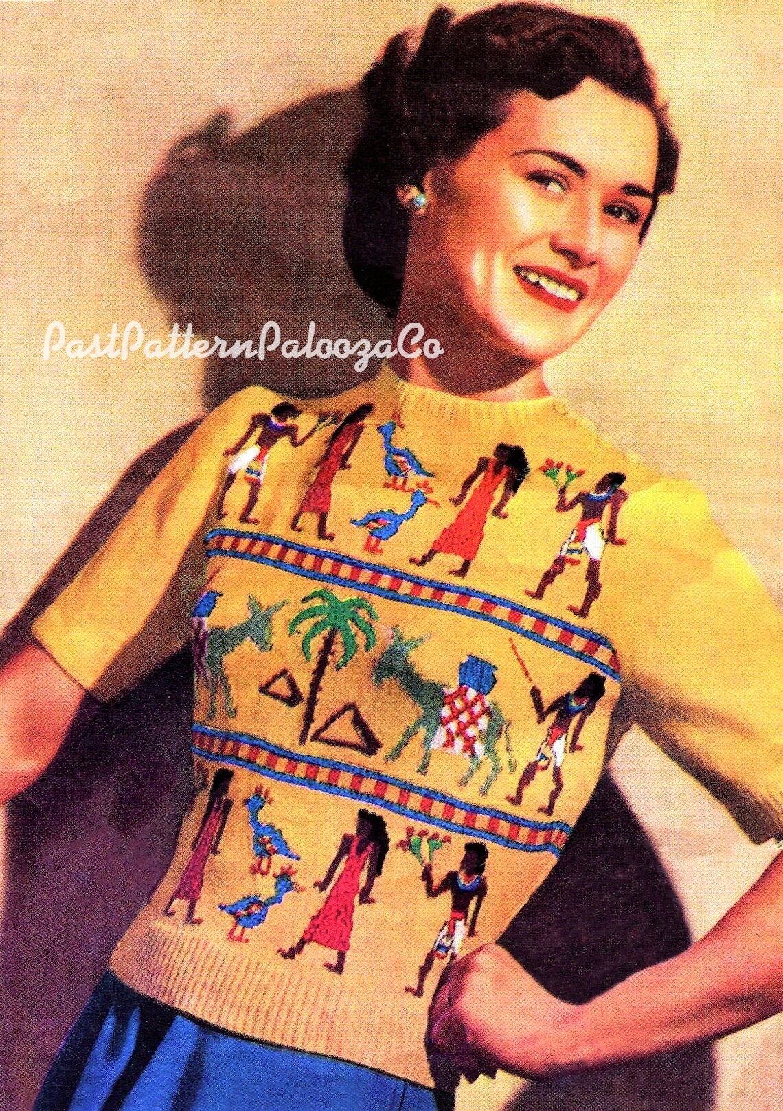 Vintage Knitting Pattern Womens Fair Isle Egyptian Sweater Jumper  PDF Instant Digital Download Pretty Egypt Motifs Pullover 3 Ply
