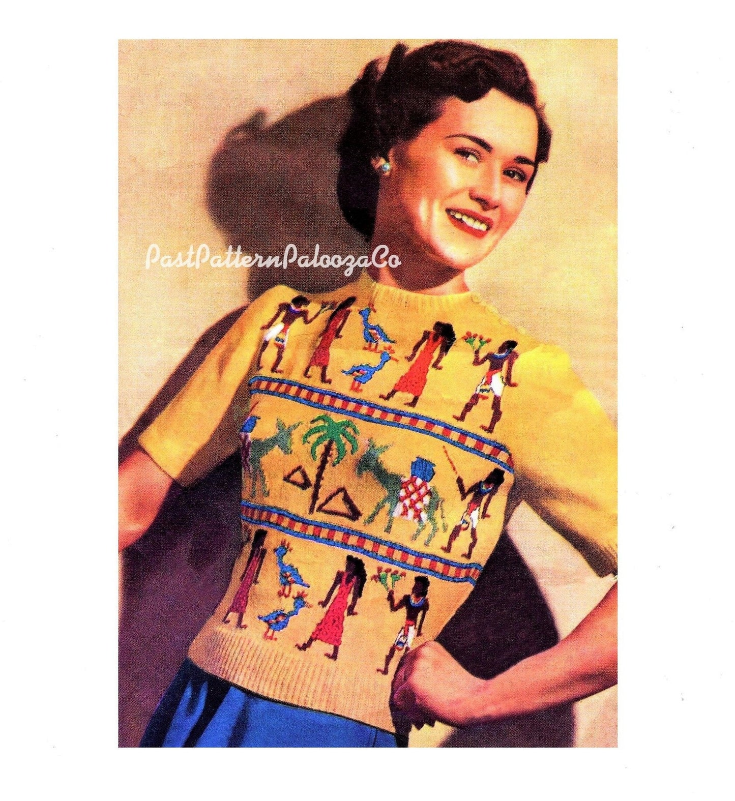 Vintage Knitting Pattern Womens Fair Isle Egyptian Sweater Jumper  PDF Instant Digital Download Pretty Egypt Motifs Pullover 3 Ply