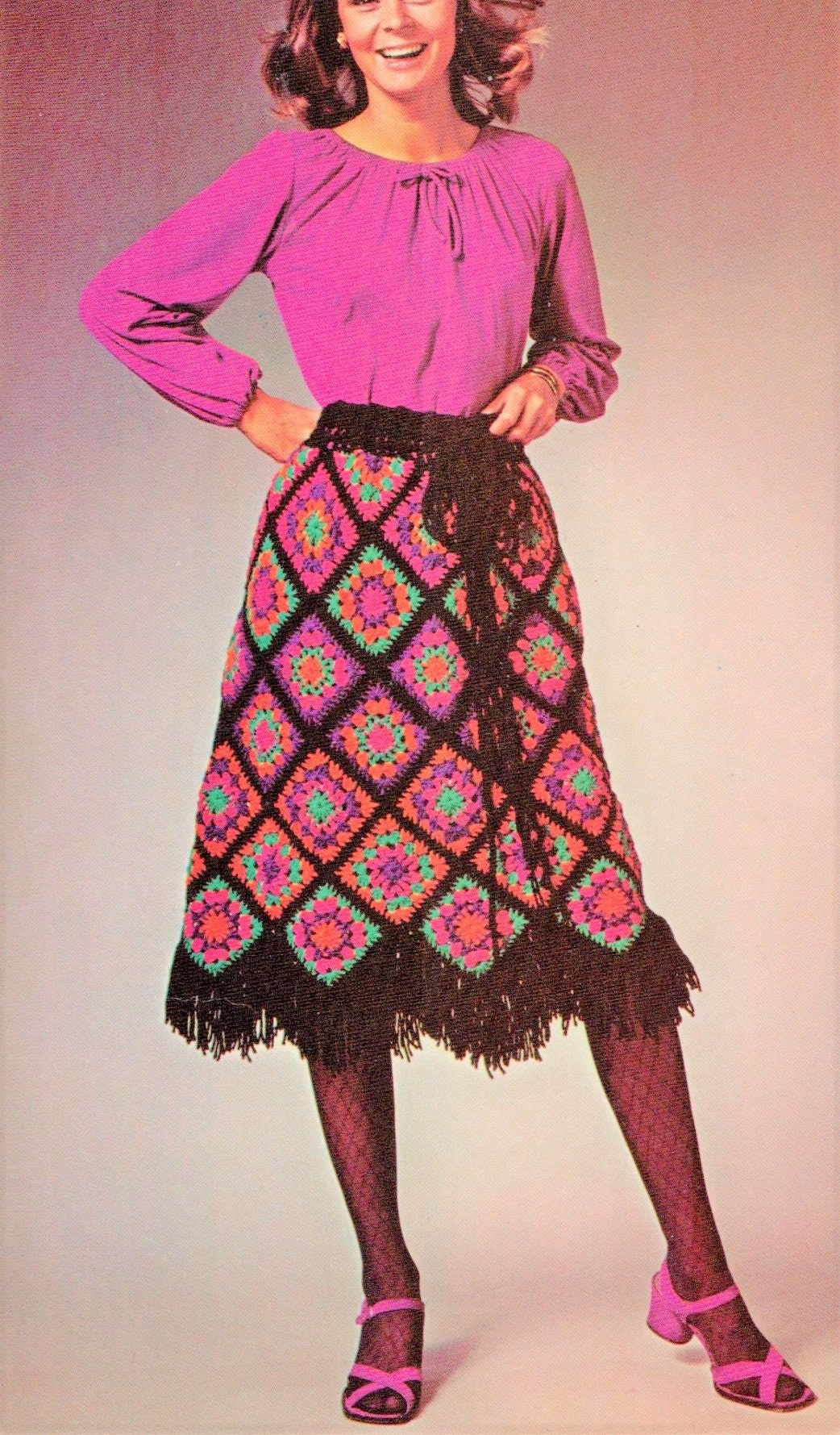 Vintage Crochet Pattern Womens Granny Square Skirt Mosaic Diamonds PDF Instant Digital Download Boho Gypsy Chic Stained Glass Design 10 Ply