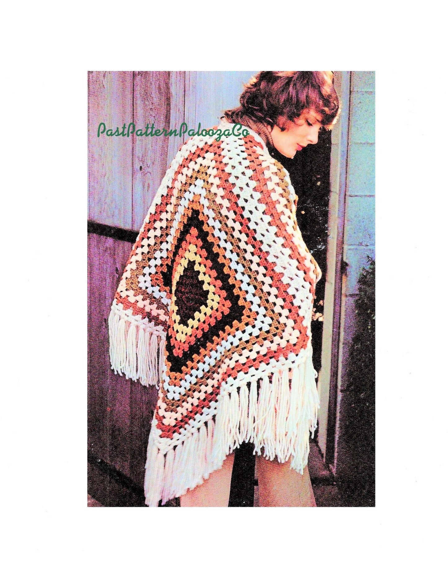 Vintage Crochet Pattern Womens Quick Easy Granny Square Poncho PDF Instant Digital Download Retro Boho 1970s Fringed Wrap Chunky 12 Ply