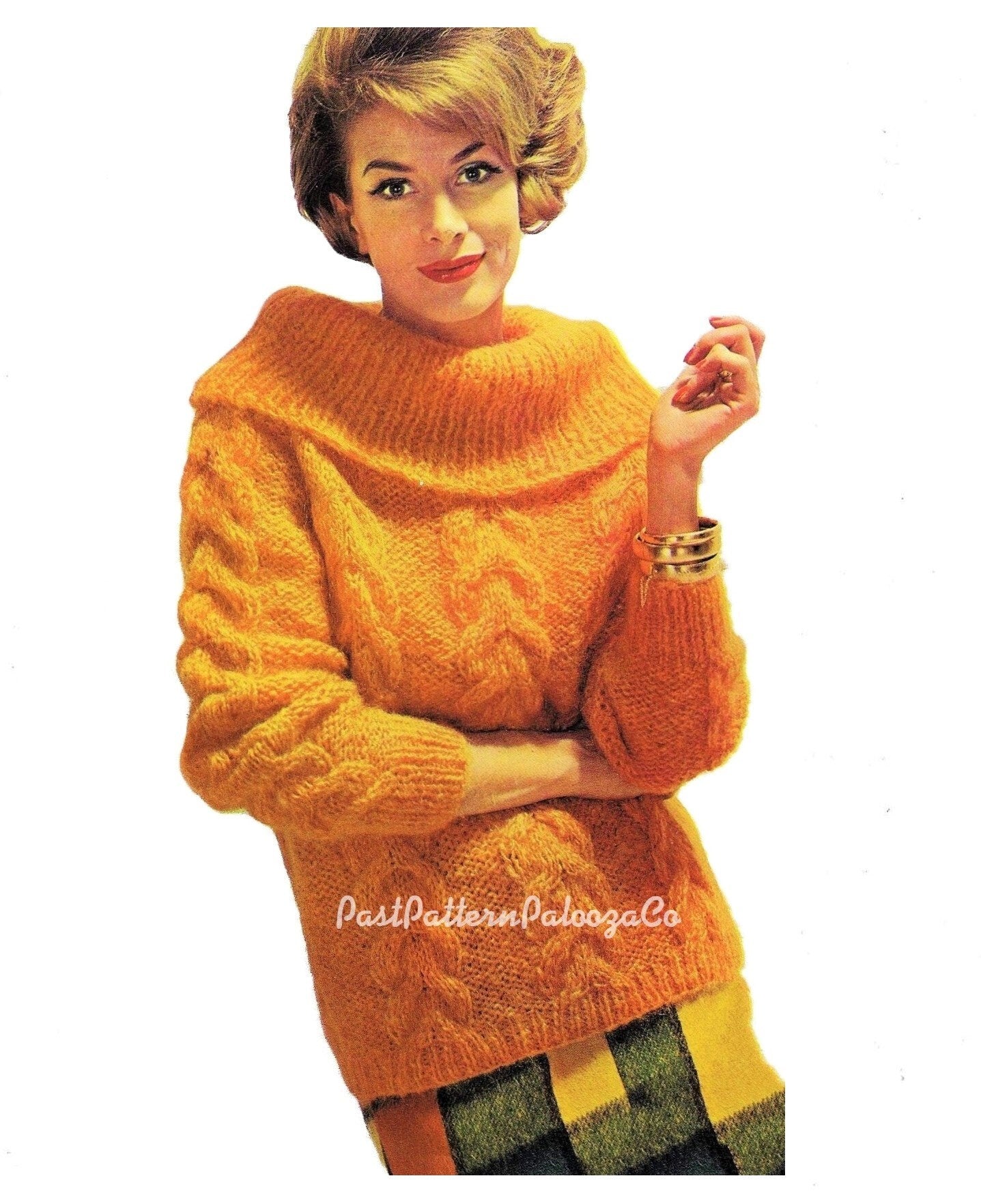 Vintage Knitting Pattern Womens Chunky Mod Cabled Sweater PDF Instant Digital Download Retro Boho Chic Wide Neck Mohair Jumper 12 Ply