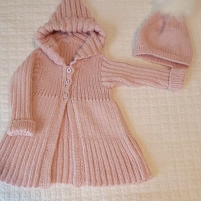 Vintage Knitting Pattern Baby to Toddler Girl Ribbed Hooded Coat Scarf Mitts Set PDF Instant Digital Download 0 - 4 yrs DK 8 Ply