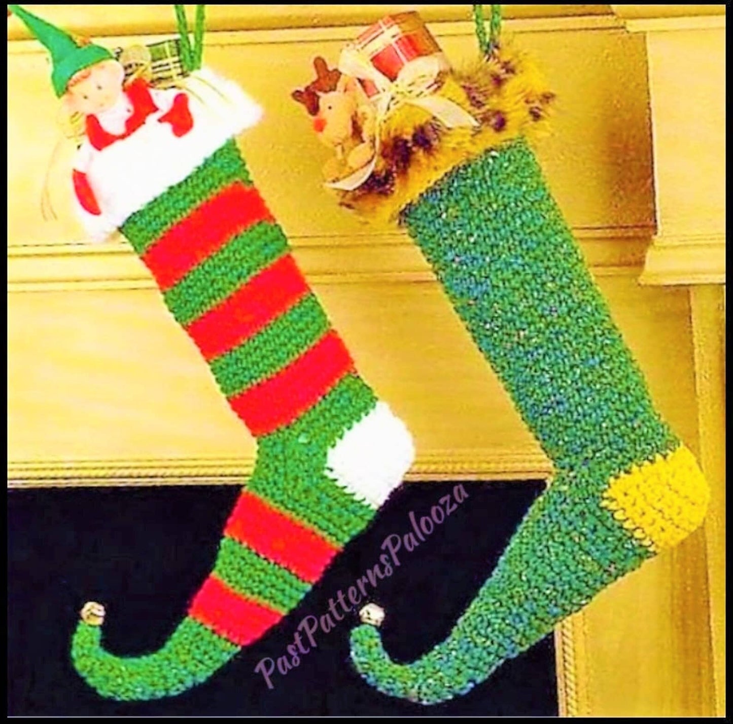 Vintage Crochet Pattern 13" Curly Toe Elf Shoe Christmas Stockings PDF Instant Digital Download Jingle Bells 10 Ply