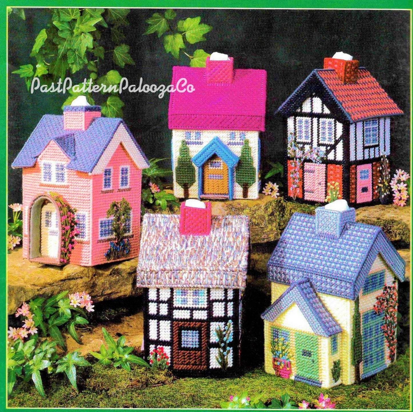 Vintage Plastic Canvas Patterns Cottage Houses Tissue Box Toppers English Tudor Village 5 Designs PDF Instant Digital Download