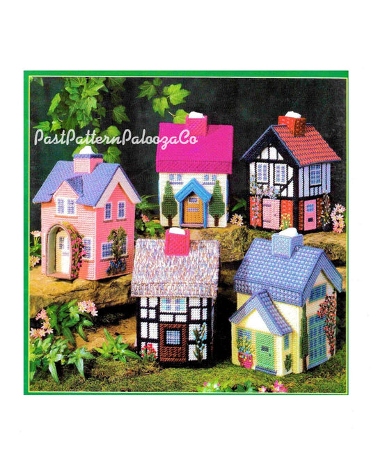 Vintage Plastic Canvas Patterns Cottage Houses Tissue Box Toppers English Tudor Village 5 Designs PDF Instant Digital Download