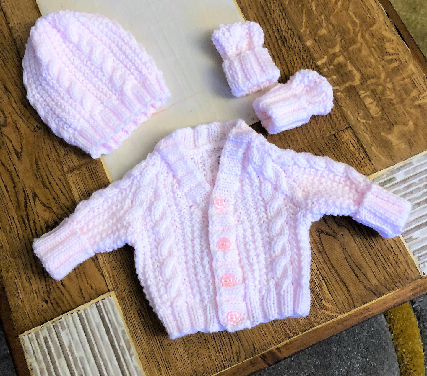 Vintage Knitting Pattern Knit Baby Boy Girl Cable & Rib Stitch Cardigan Sweater Hat Mitts Set PDF Instant Digital Download Preemie-2 yrs DK