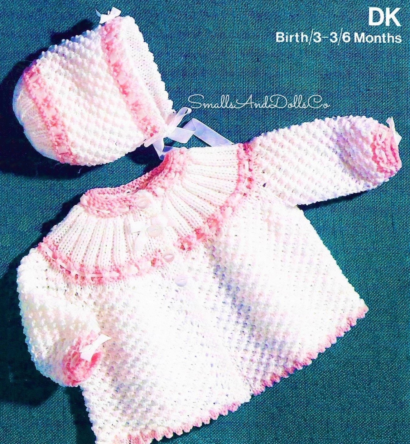 Vintage Knitting Pattern Baby Girl Pretty Matinee Coat Bonnet Set Open Star Waffle Design PDF Instant Digital Download 0-6 yrs DK