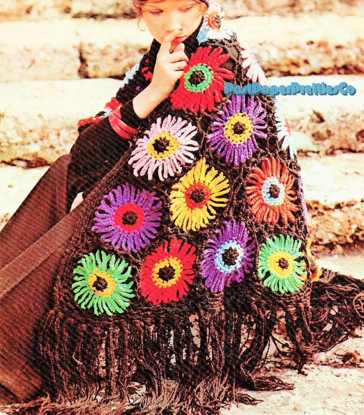 Vintage Crochet Pattern Womens Rainbow Posy Shawl Dahlia Flower Wheels Large Motifs PDF Instant Digital Download Hippie Wrap Boho Chic