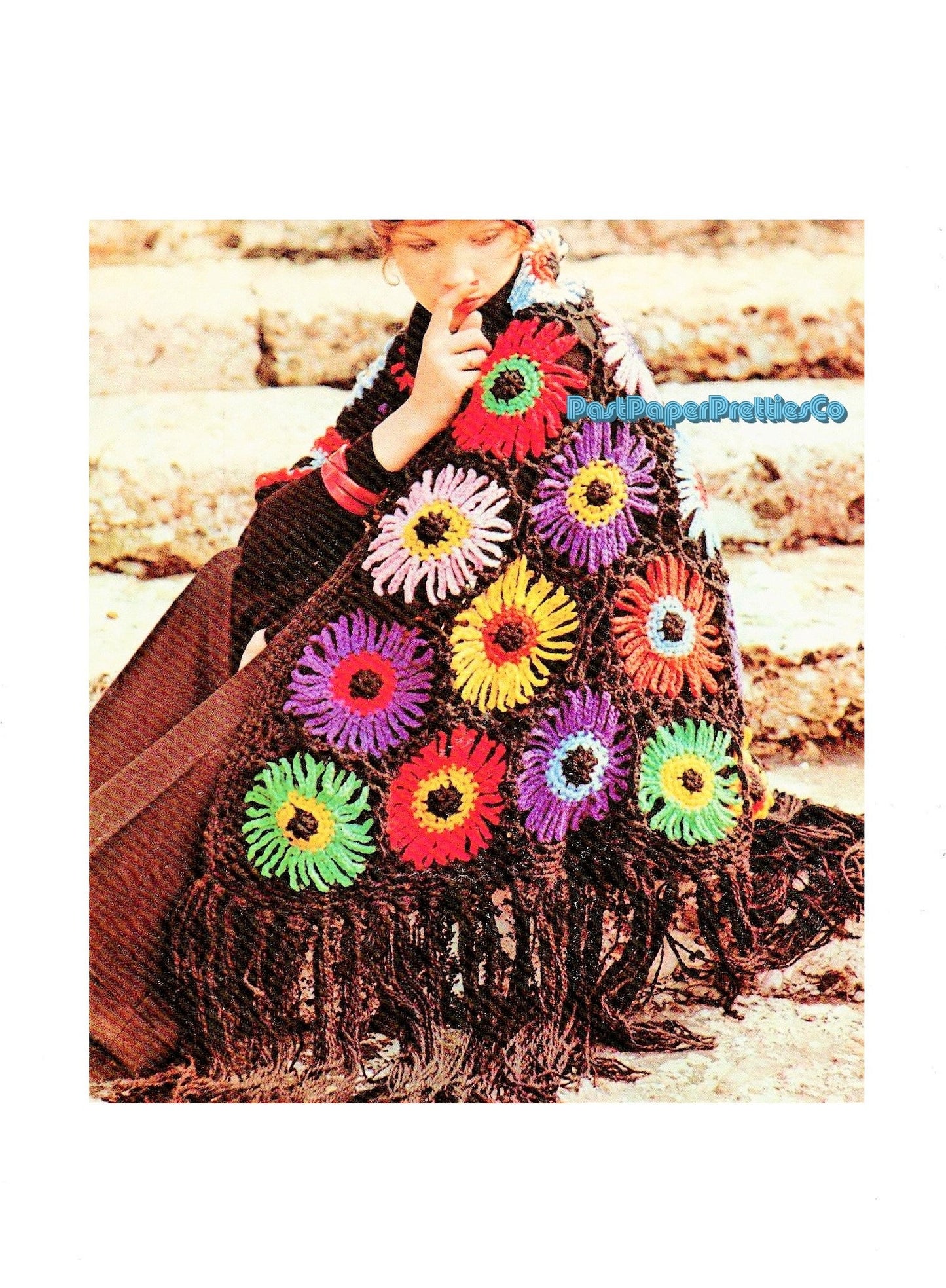 Vintage Crochet Pattern Womens Rainbow Posy Shawl Dahlia Flower Wheels Large Motifs PDF Instant Digital Download Hippie Wrap Boho Chic