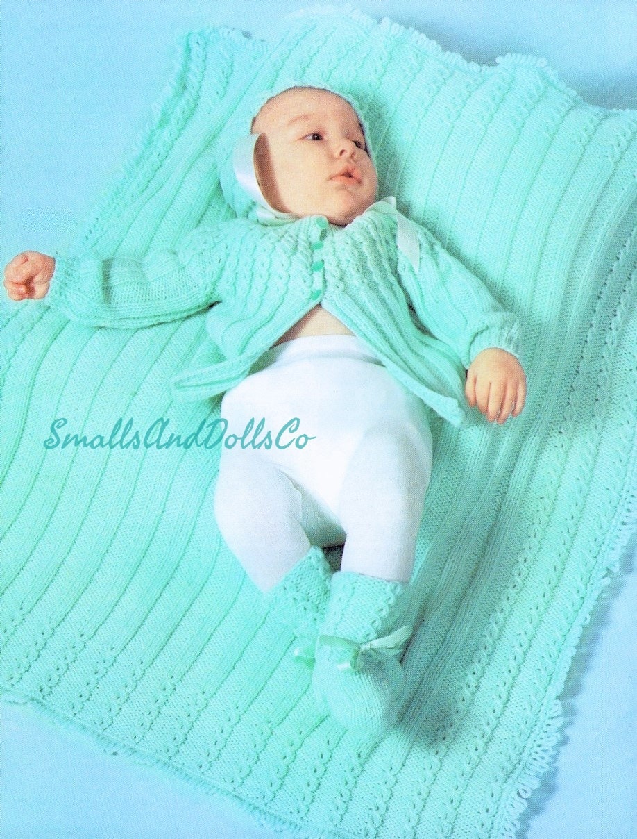 Vintage Knitting Pattern Cute Baby Layette Set 4 Pieces PDF Instant Digital Download Jacket Blanket Bonnet Booties 6-12m 12 Ply