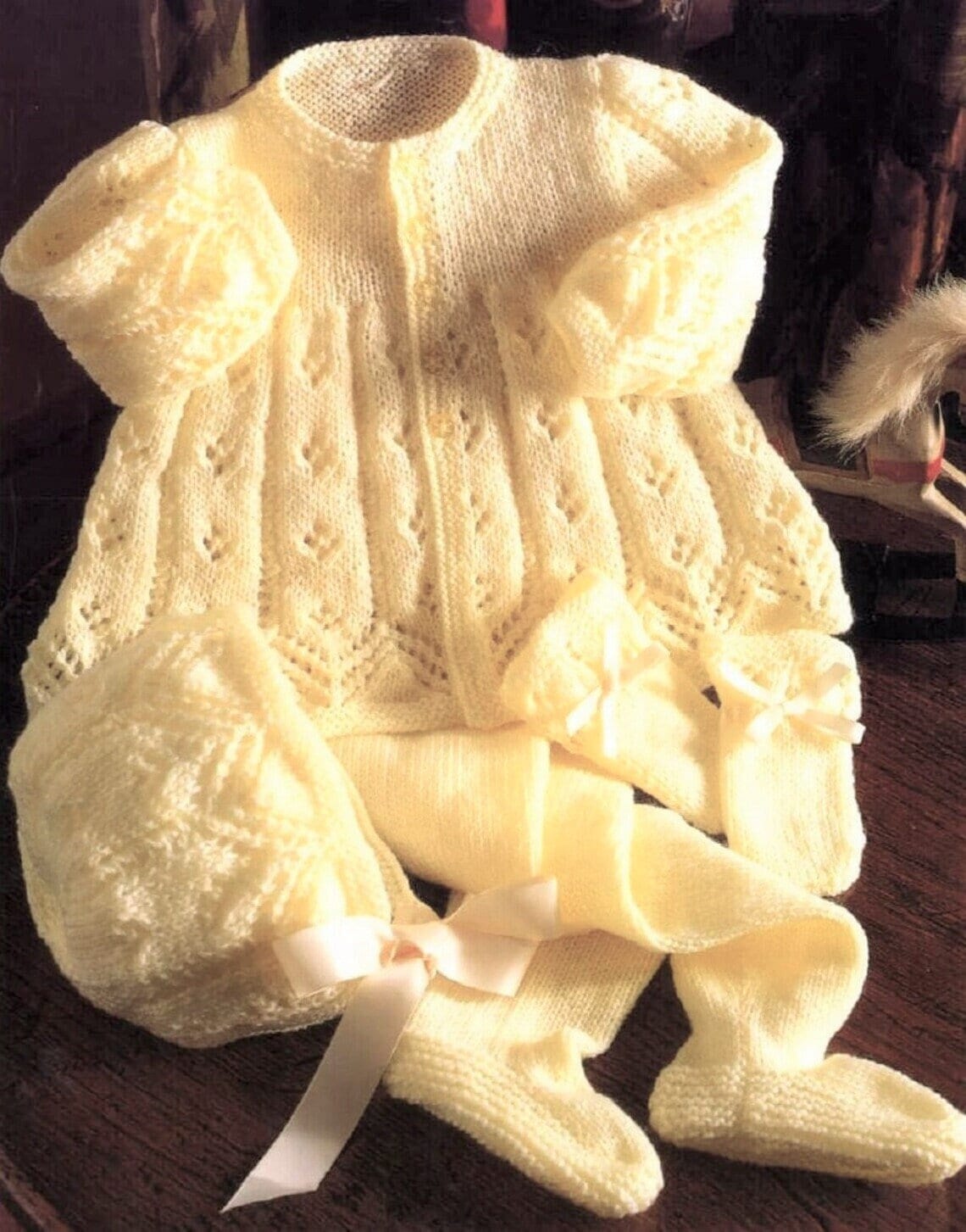 Vintage Knitting Pattern Knit Baby to Toddler Girl 4 Pc Pram Set Matinee Jacket Leggings Mitts Bonnet PDF Instant Digital Download 0 - 2 yrs