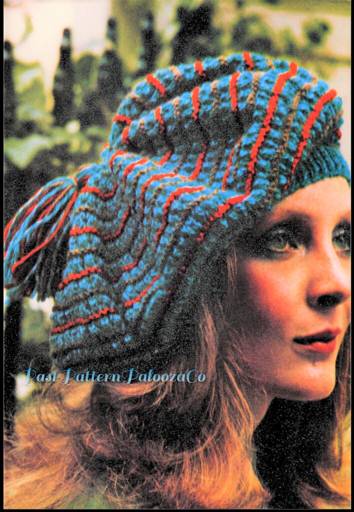 Vintage Knitting Pattern Womens Oversized Tam Hat PDF Tasseled Striped Beret PDF Instant Digital Download Retro 70s DK