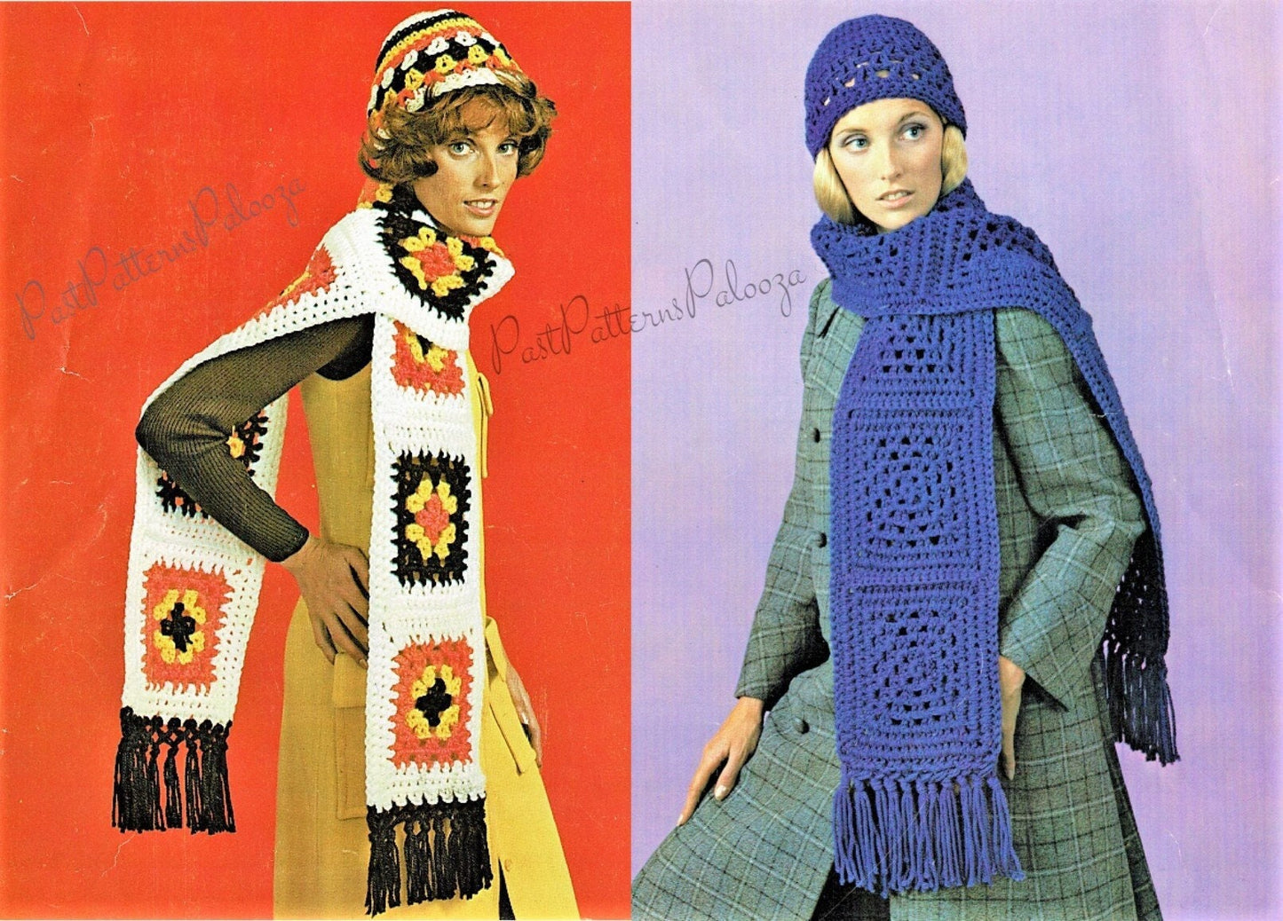 Vintage Crochet Pattern Womens Granny Square Scarf and Hat Sets Boho Chic PDF Instant Digital Download One Size 12 Ply