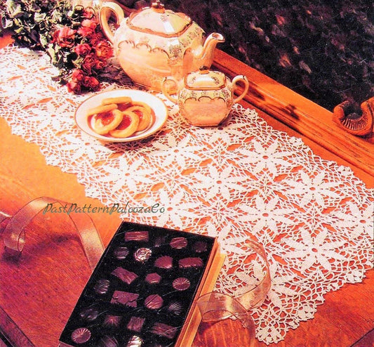 Vintage Thread Crochet Pattern 34" Lacy Flower Motifs Table Runner PDF Instant Digital Download Floral Dresser Decor