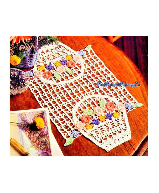Vintage Crochet Pattern 19" Lacy Spring Easter Flower Baskets Table Centerpiece PDF Instant Digital Download Large Floral Doily Table Mat