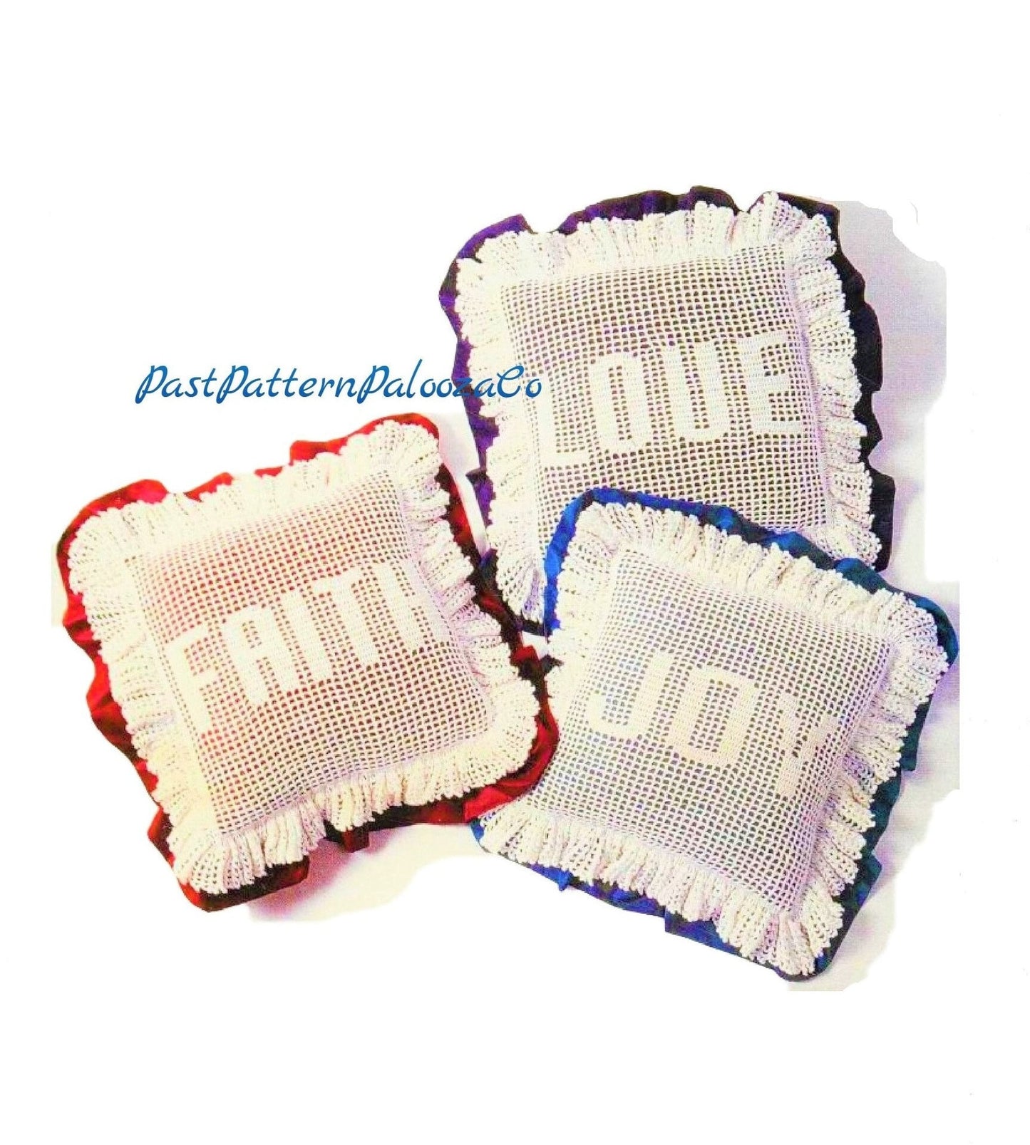 Vintage Filet Crochet Pattern 12" Love Joy Faith Lacy Pillow Fronts PDF Instant Digital Download Inspirational Word Cushions