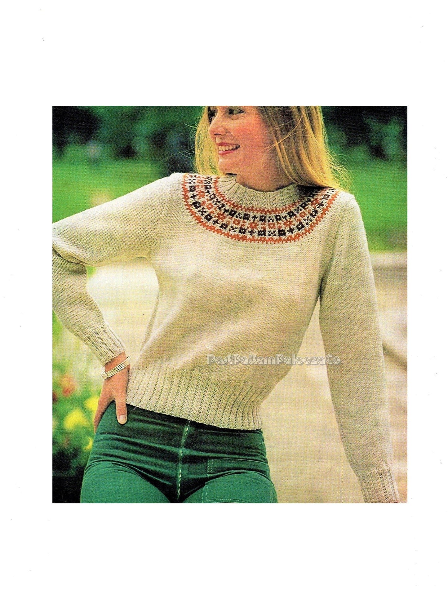 Vintage Knitting Pattern Womens Fair Isle Yoke Sweater Fairisle Pullover Retro 70s PDF Instant Digital Download Ladies Jumper DK