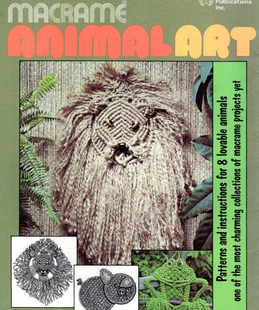 Vintage Macrame Animal Art Wall Hangings Patterns Book PDF Instant Digital Download 1970s Lion Pig Frog Dogs Cat Giraffe Elephant Knotwork