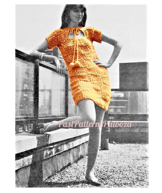 Vintage Knitting Pattern Womens Short Sleeve Waffle Mini Dress Retro 1968 PDF Instant Digital Download Mod Boho Chic Big Needle Knits
