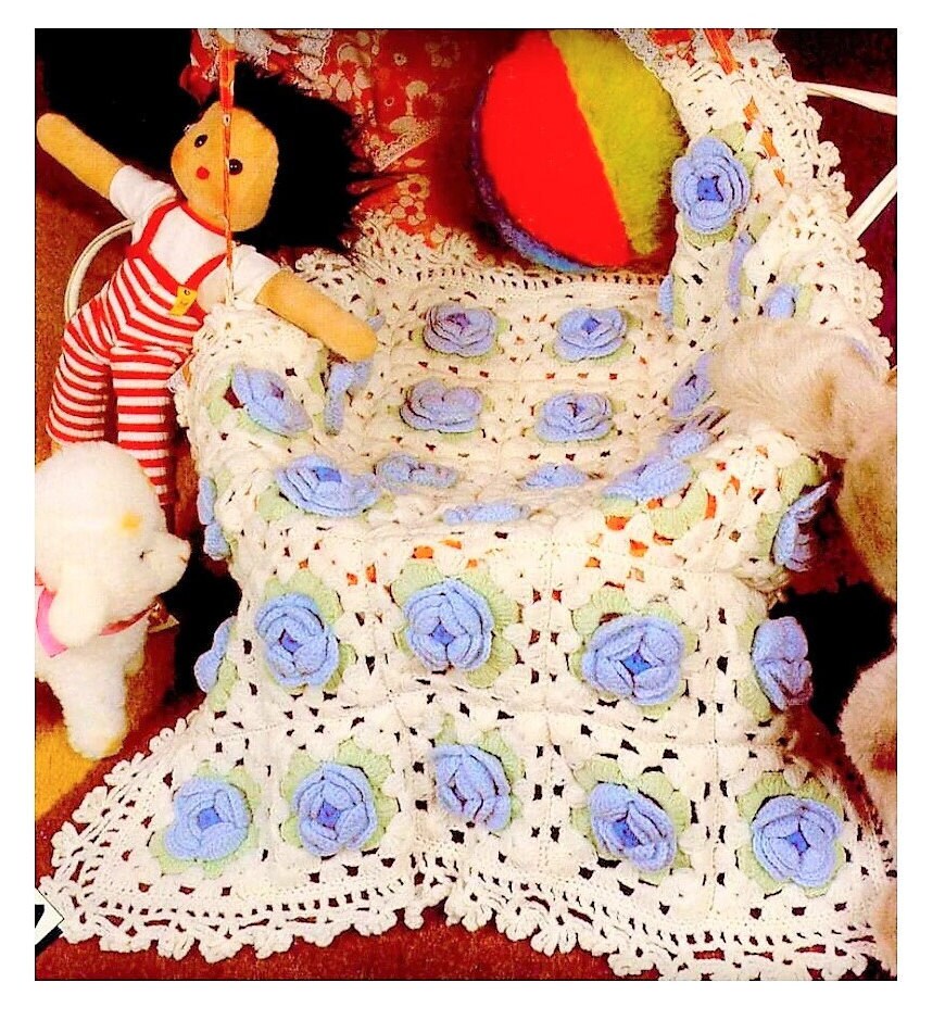 Vintage Crochet Pattern Granny Square Cabbage Rose Baby Afghan Blanket PDF Instant Digital Download Flower Motif Crib Cot Cover 5 Ply