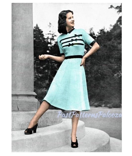 Vintage Knitting Pattern Womens Retro Ribbon Bows Dress 1940s PDF Instant Digital Download Forties Housewife Chic Feminine Frock 3 Ply