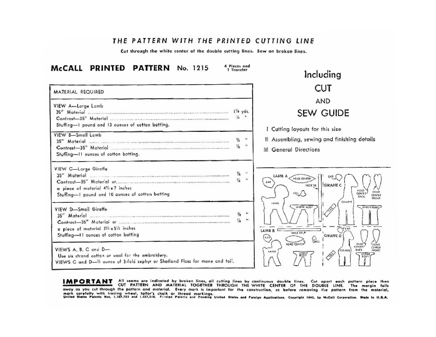 Vintage Sewing Pattern Baby Animals Giraffe Lamb Cotton Fabric Soft Sculpture Toy Doll PDF Instant Digital Download 2 Sizes