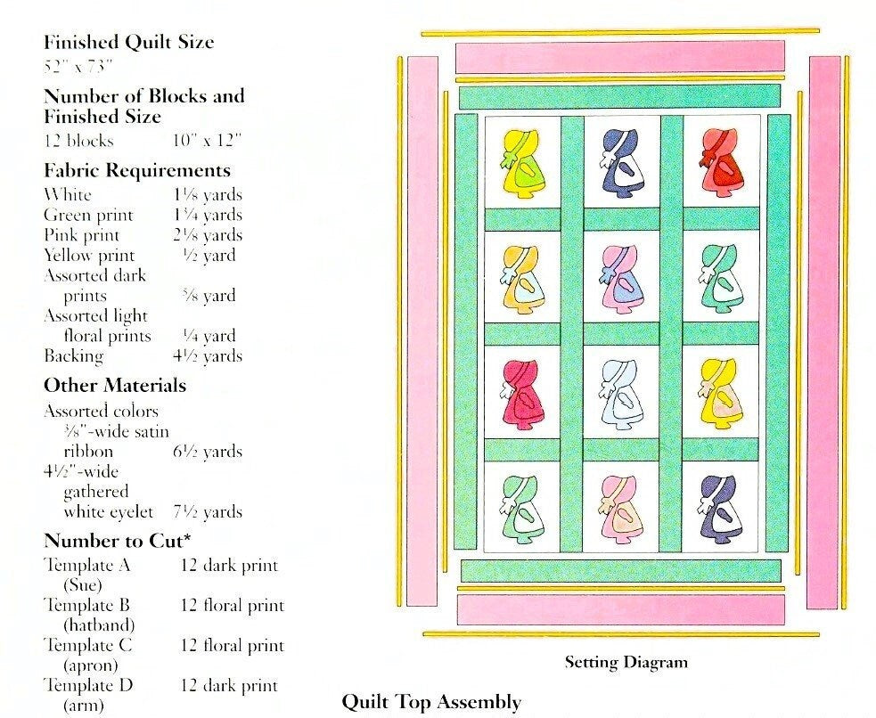 Vintage Sewing Pattern Classic Sunbonnet Sue Bed Quilt PDF Instant Digital Download Twin Bed Patchwork Applique Blocks Bedspread 52x73