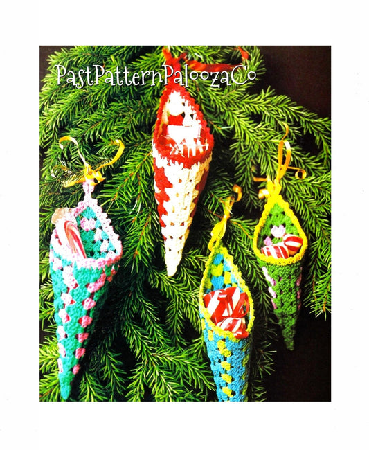 Vintage Thread Crochet Pattern 5" Granny Square Christmas Tree Ornaments Cornucopia Cone Pockets PDF Instant Digital Download Treat Holders