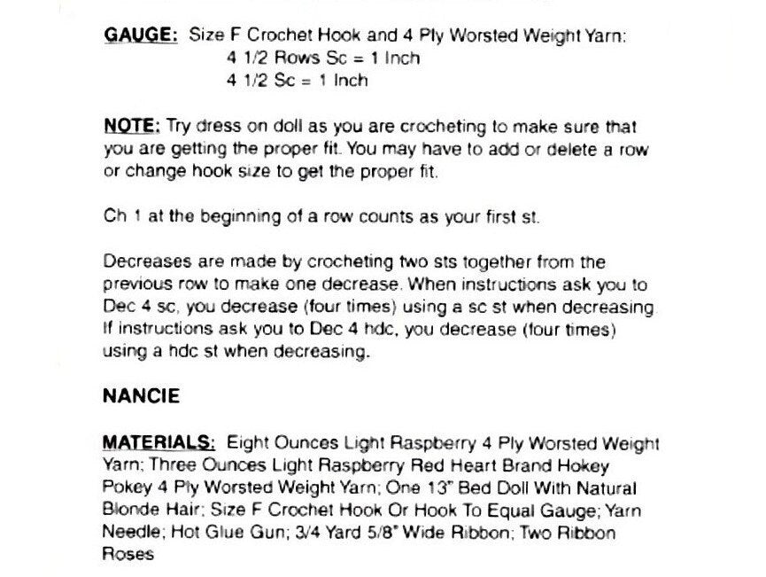 Vintage Crochet Pattern 13" Pretty Bed Doll Ruffled Dress and Hat PDF Instant Digital Download 10 Ply