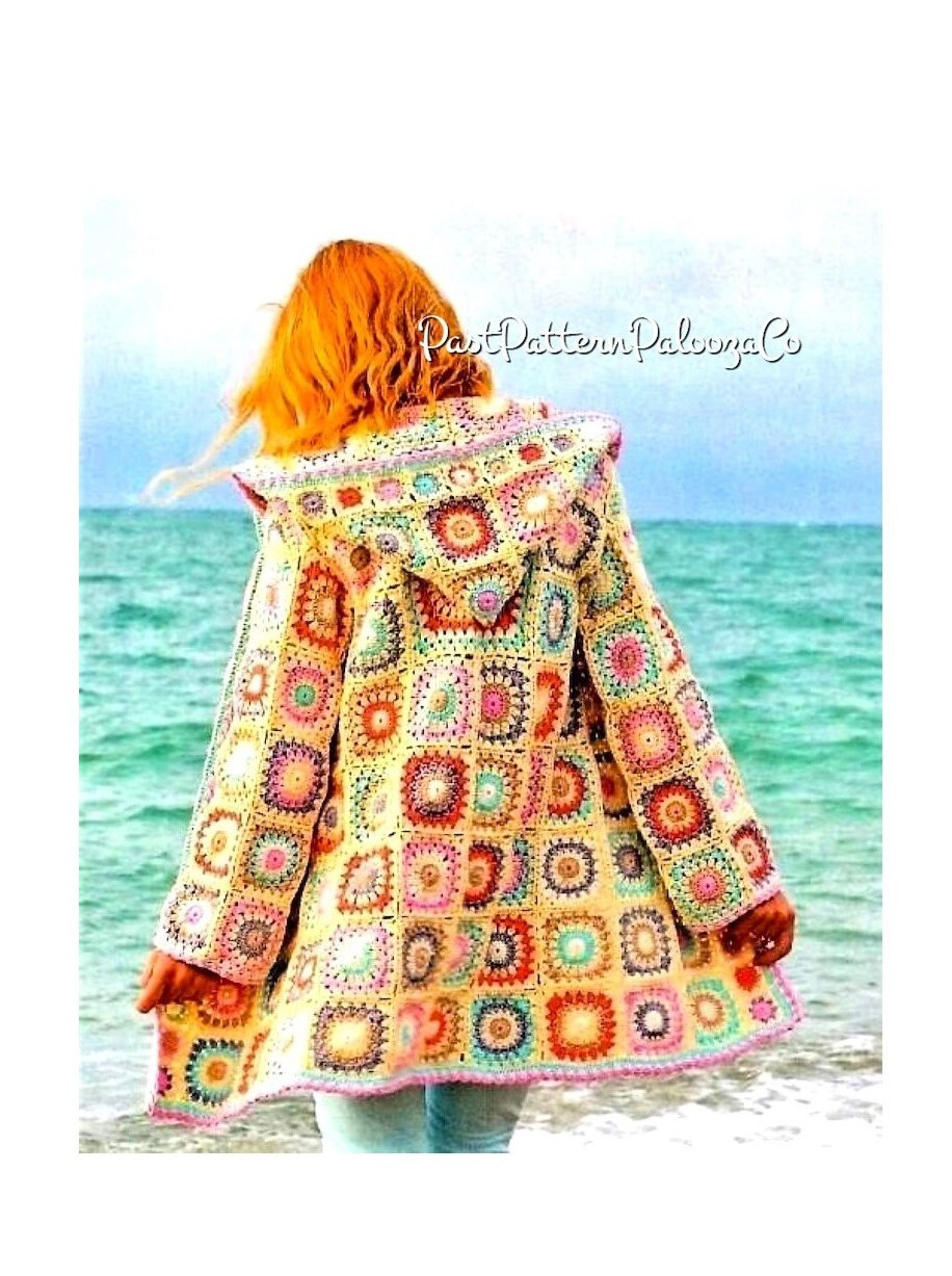 Vintage Crochet Pattern Womens Granny Square Hooded Jacket Patchwork Cardigan Coat PDF Instant Digital Download Retro Boho 4 Ply