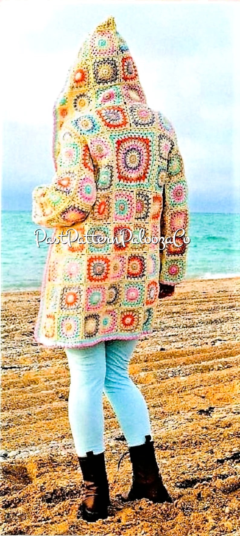 Vintage Crochet Pattern Womens Granny Square Hooded Jacket Patchwork Cardigan Coat PDF Instant Digital Download Retro Boho 4 Ply