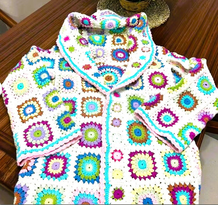 Vintage Crochet Pattern Womens Granny Square Hooded Jacket Patchwork Cardigan Coat PDF Instant Digital Download Retro Boho 4 Ply