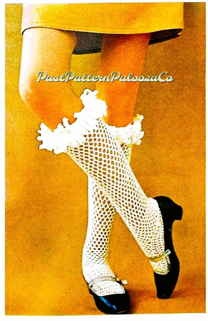 Vintage Crochet Pattern Womens Pretty Fish Net Knee Socks Loopy Trim PDF Instant Digital Download Retro Coquettish Ruffle Stockings 5 Ply