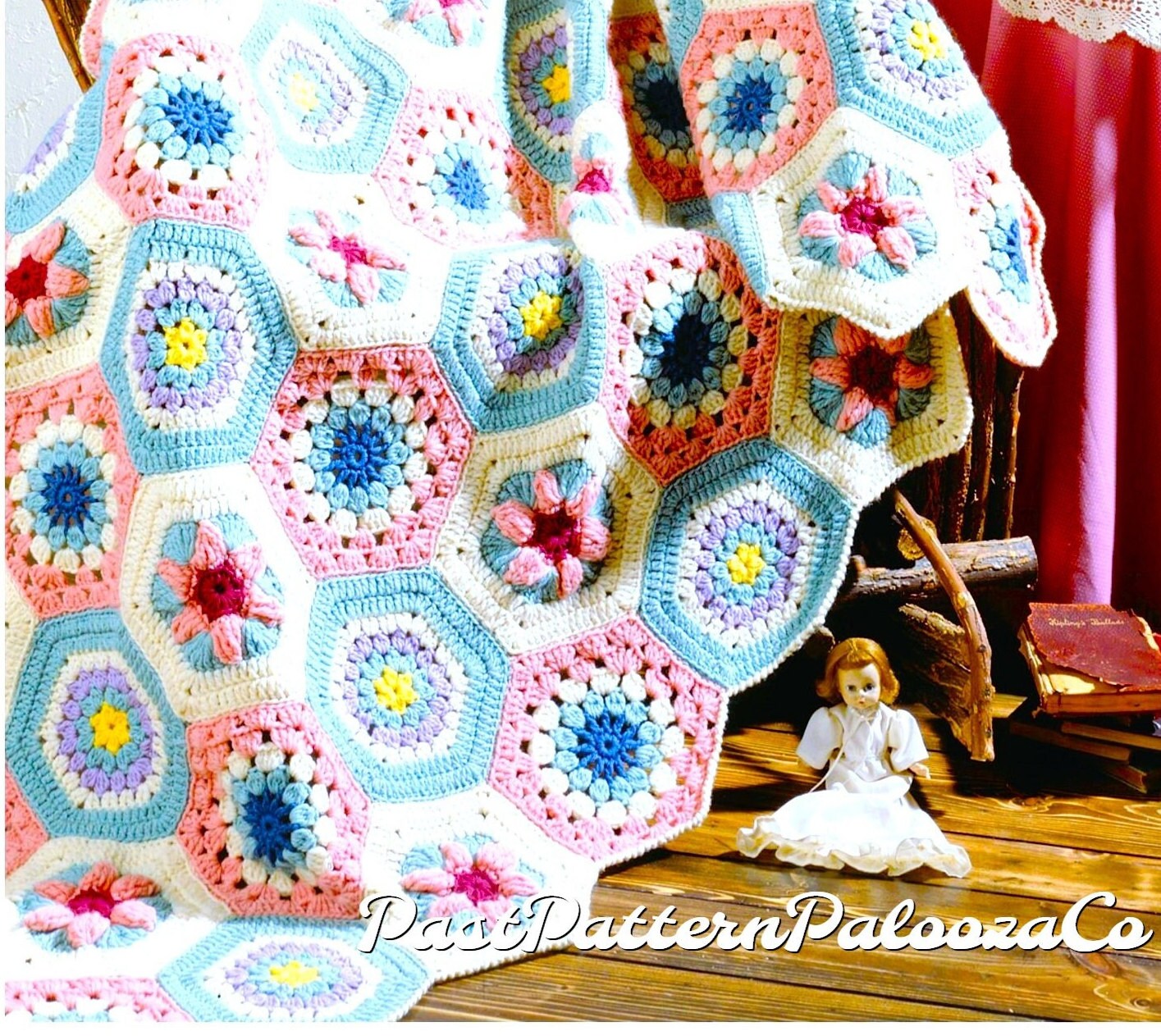 Vintage Crochet Afghan Pattern Hexagon Flower Granny Squares PDF Instant Digital Download Floral Motif Sampler Design 45x70 10 Ply