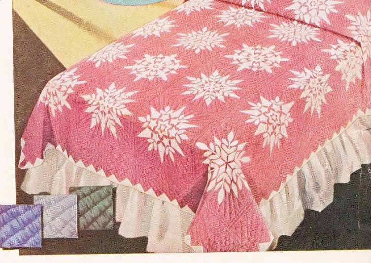 Vintage Sewing Pattern Snowflake Bed Quilt Instant Digital Download Appliqued Snowflakes 4 Designs Sewn Winter Theme Bedspread 92x77