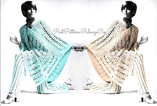 Vintage Crochet Pattern Womens Lacy Poncho and Pants Outfit Set PDF Instant Digital Download 1970s Bohemian Boho Hippie Chic 12 Ply